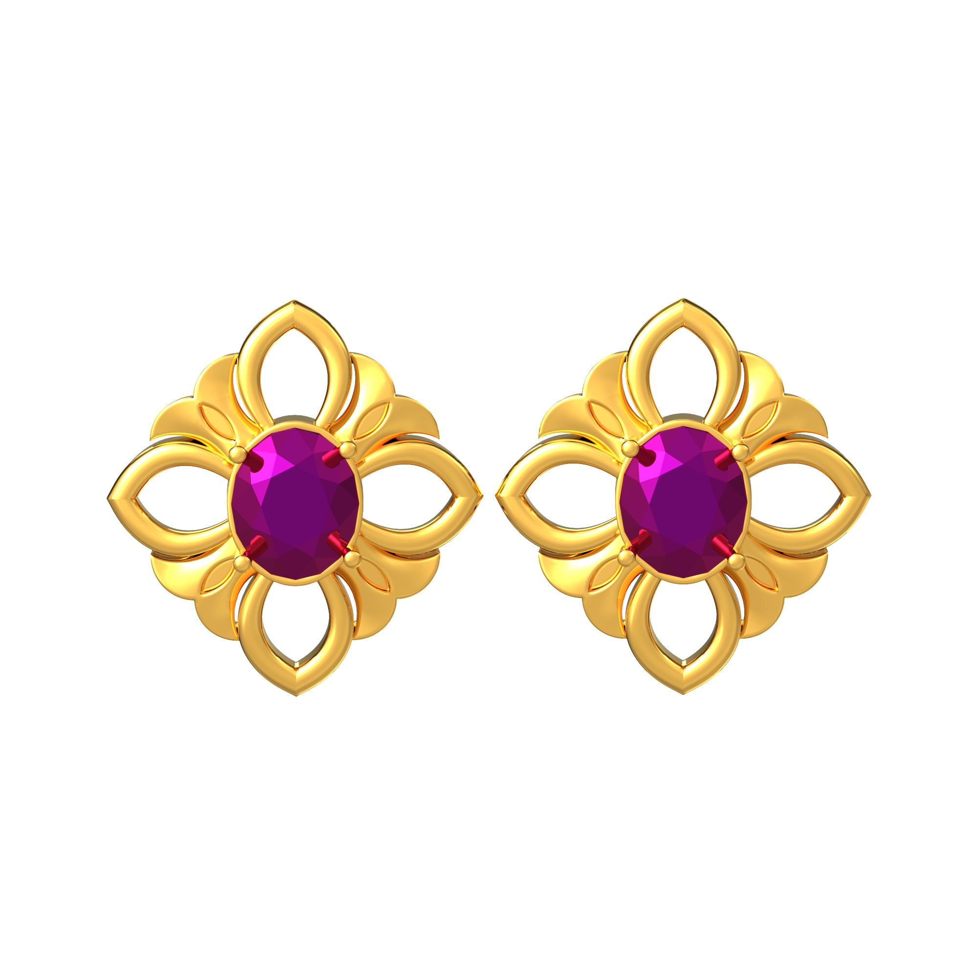 Single Stone Floral Design Gold Earrings